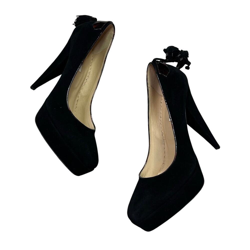 Oscar de la Renta | Black Suede Square Toe Tassel Back Designer High Heel Pumps